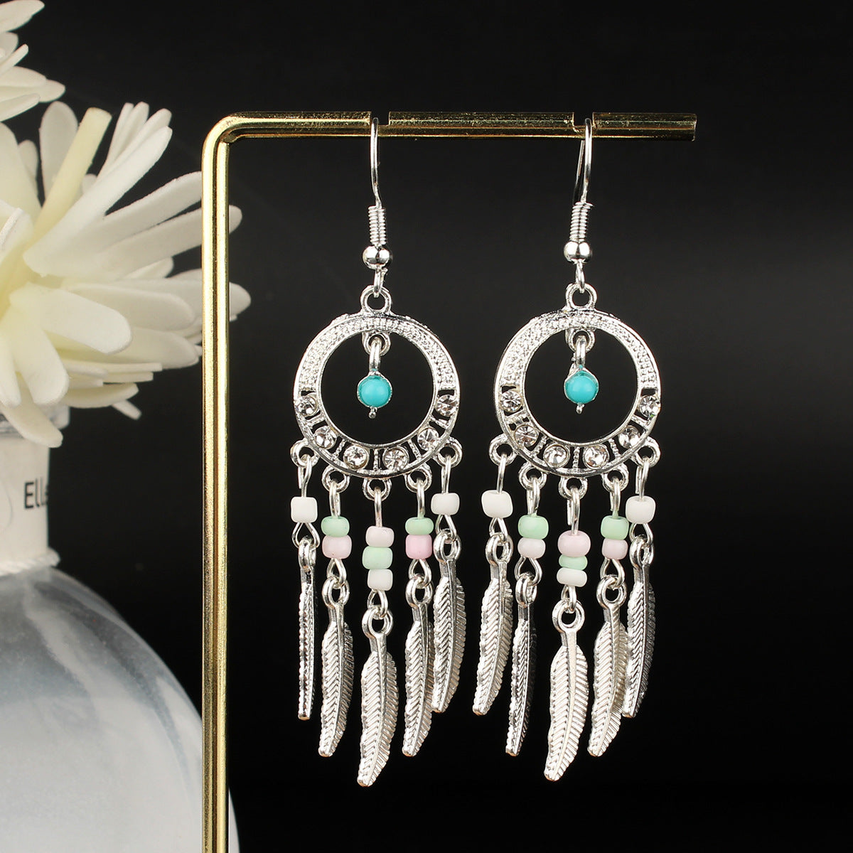 Tibetan openwork earrings Ethnic Silver Earrings | Colorful Feather Dangle Earrings with Turquoise | Long Fringe Bohemian Statement Jewelry