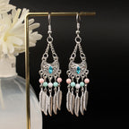 Tibetan openwork earrings Ethnic Silver Earrings | Colorful Feather Dangle Earrings with Turquoise | Long Fringe Bohemian Statement Jewelry