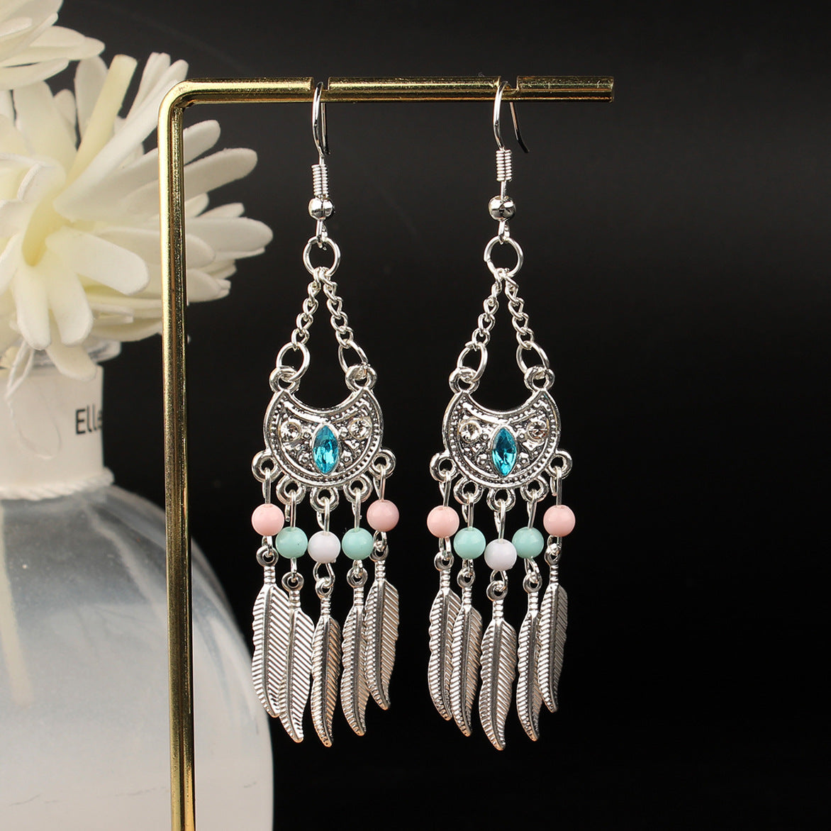Tibetan openwork earrings Ethnic Silver Earrings | Colorful Feather Dangle Earrings with Turquoise | Long Fringe Bohemian Statement Jewelry