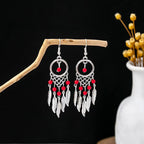 Tibetan openwork earrings Ethnic Silver Earrings | Colorful Feather Dangle Earrings with Turquoise | Long Fringe Bohemian Statement Jewelry
