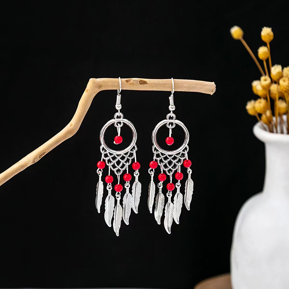 Tibetan openwork earrings Ethnic Silver Earrings | Colorful Feather Dangle Earrings with Turquoise | Long Fringe Bohemian Statement Jewelry