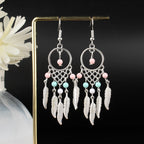 Tibetan openwork earrings Ethnic Silver Earrings | Colorful Feather Dangle Earrings with Turquoise | Long Fringe Bohemian Statement Jewelry