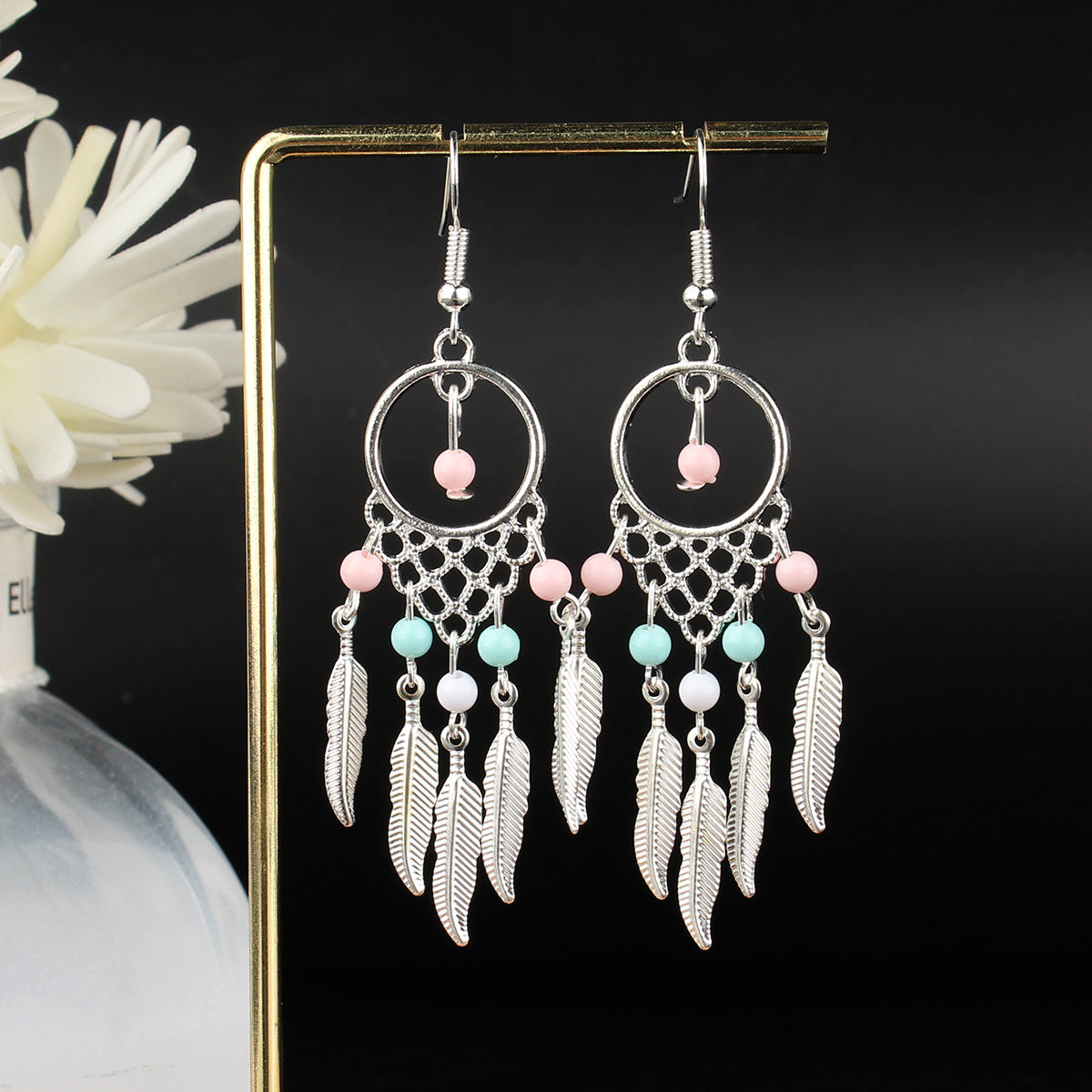 Tibetan openwork earrings Ethnic Silver Earrings | Colorful Feather Dangle Earrings with Turquoise | Long Fringe Bohemian Statement Jewelry