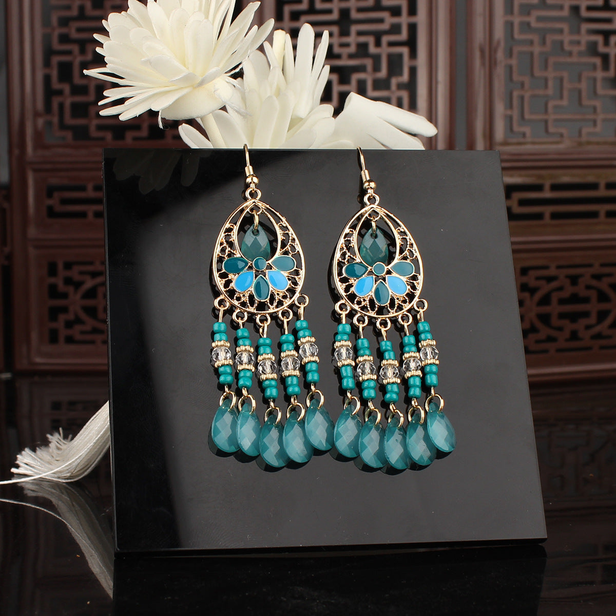 Tibetan openwork earrings Ethnic Silver Earrings | Colorful Feather Dangle Earrings with Turquoise | Long Fringe Bohemian Statement Jewelry