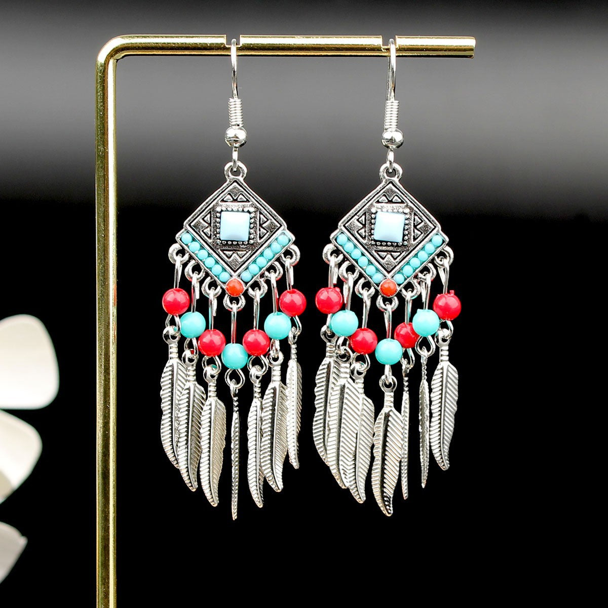Tibetan Colorful Feather Dangle Earrings with Turquoise | Long Fringe Bohemian Statement Jewelry |