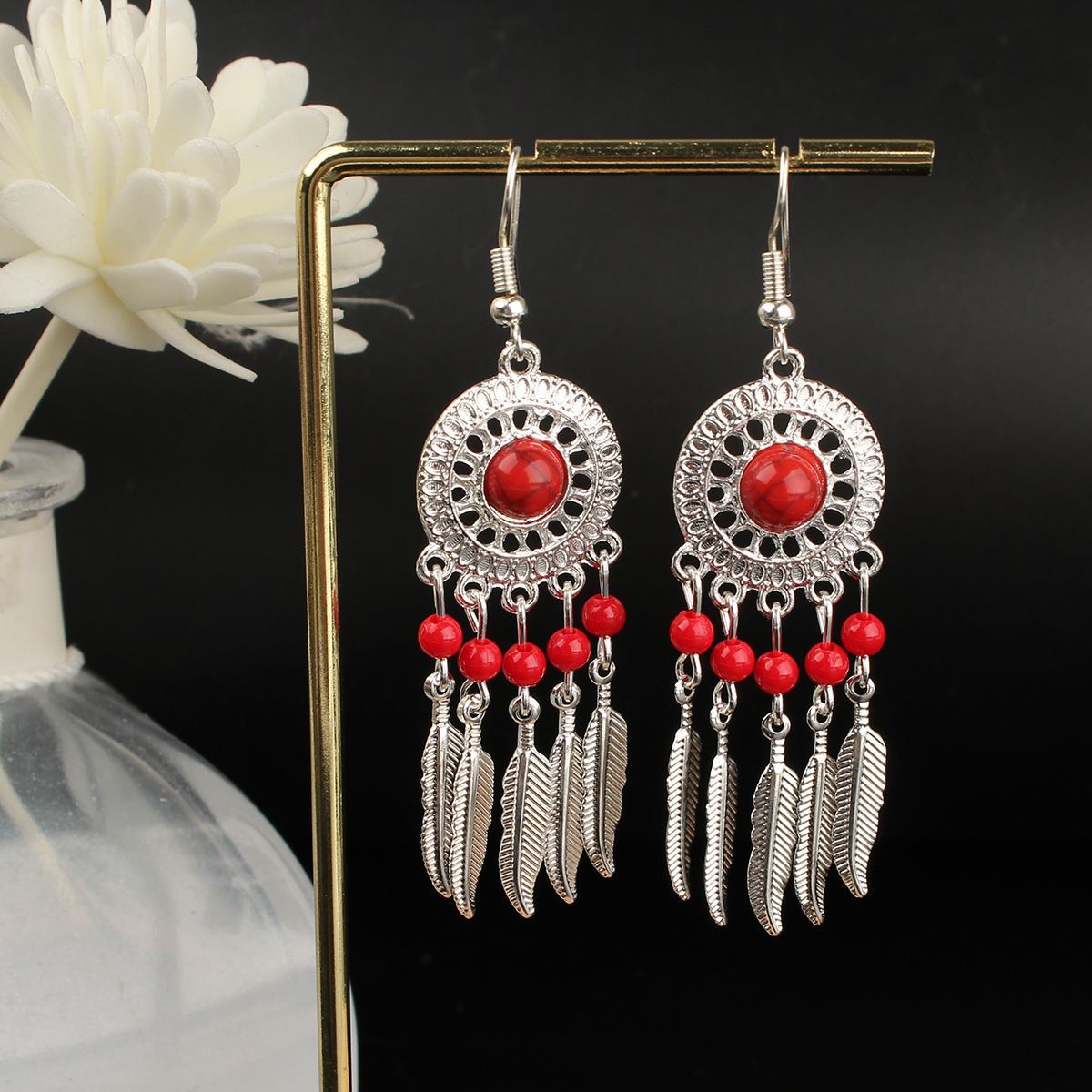 Tibetan Cross-Border Ethnic Silver Earrings | Colorful Feather Dangle Earrings with Turquoise