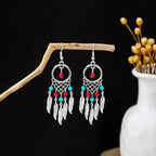 Tibetan openwork earrings Ethnic Silver Earrings | Colorful Feather Dangle Earrings with Turquoise | Long Fringe Bohemian Statement Jewelry