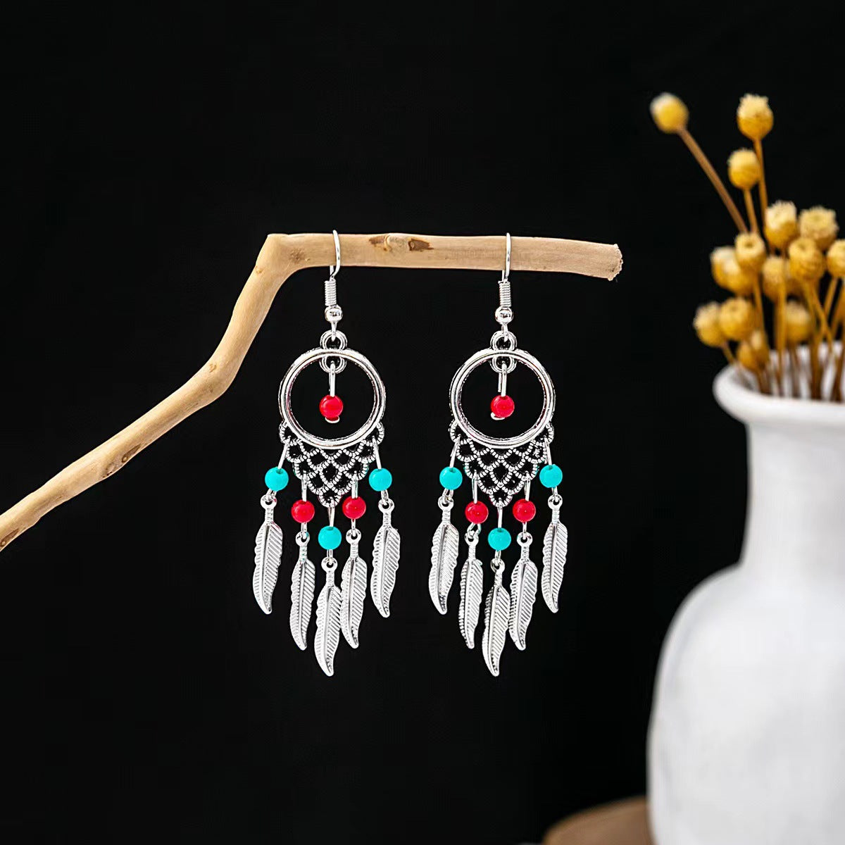 Tibetan openwork earrings Ethnic Silver Earrings | Colorful Feather Dangle Earrings with Turquoise | Long Fringe Bohemian Statement Jewelry