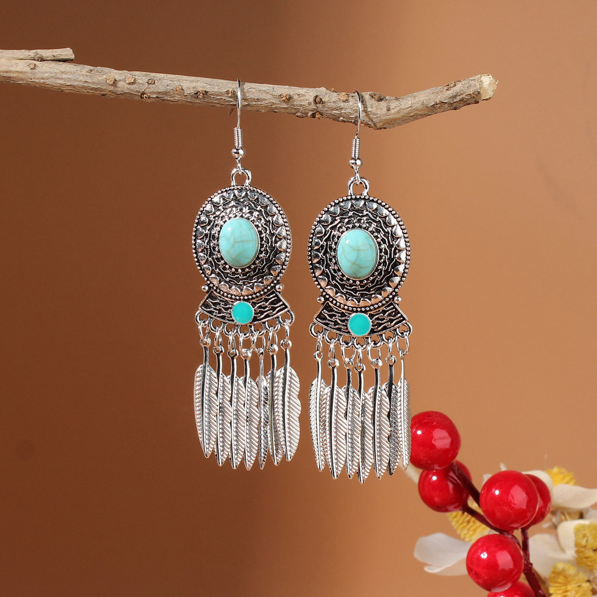 Tibetan Cross-Border Ethnic Silver Earrings | Colorful Feather Dangle Earrings with Turquoise | Long Fringe Bohemian Statement Jewelry