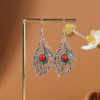 Tibetan openwork earrings Ethnic Silver Earrings | Colorful Feather Dangle Earrings with Turquoise | Long Fringe Bohemian Statement Jewelry