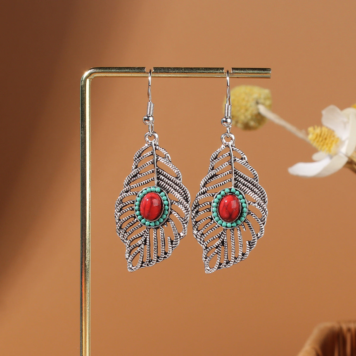Tibetan openwork earrings Ethnic Silver Earrings | Colorful Feather Dangle Earrings with Turquoise | Long Fringe Bohemian Statement Jewelry