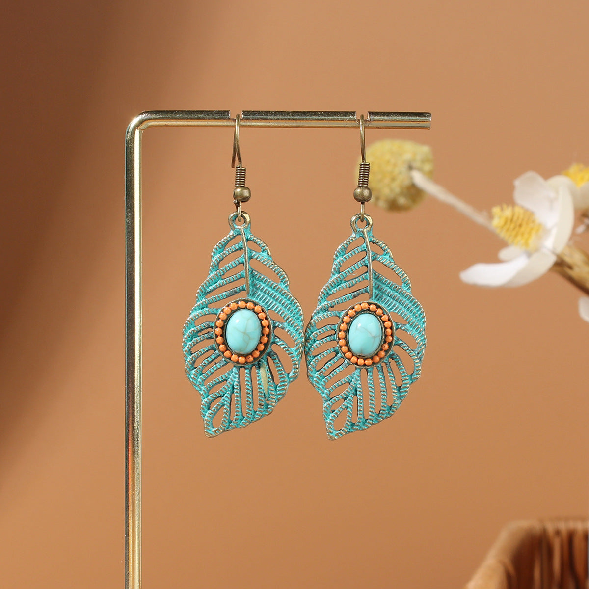 Tibetan openwork earrings Ethnic Silver Earrings | Colorful Feather Dangle Earrings with Turquoise | Long Fringe Bohemian Statement Jewelry