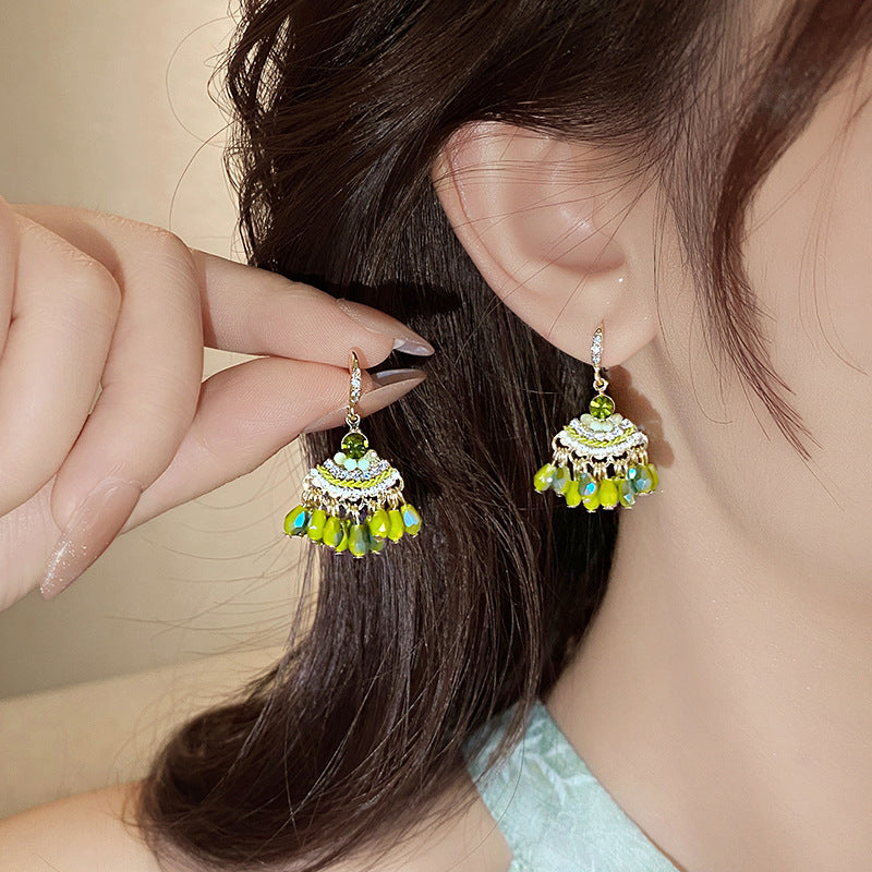 Bohemian style green crystal fringed ear hook earrings design sense niche stud earrings seaside vacation style earrings women
