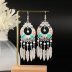 Tibetan openwork earrings Ethnic Silver Earrings | Colorful Feather Dangle Earrings with Turquoise | Long Fringe Bohemian Statement Jewelry