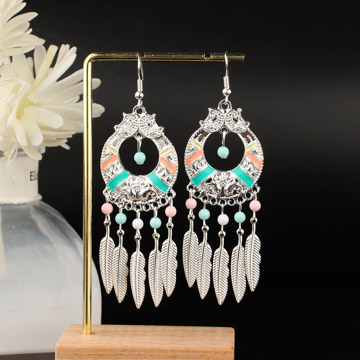Tibetan openwork earrings Ethnic Silver Earrings | Colorful Feather Dangle Earrings with Turquoise | Long Fringe Bohemian Statement Jewelry