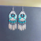 Tibetan openwork earrings Ethnic Silver Earrings | Colorful Feather Dangle Earrings with Turquoise | Long Fringe Bohemian Statement Jewelry