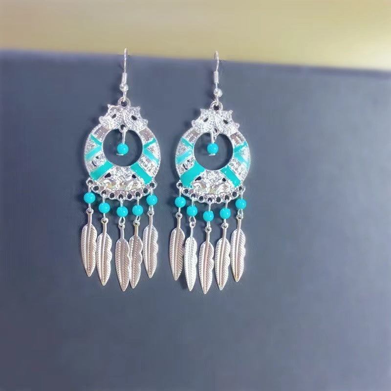 Tibetan openwork earrings Ethnic Silver Earrings | Colorful Feather Dangle Earrings with Turquoise | Long Fringe Bohemian Statement Jewelry