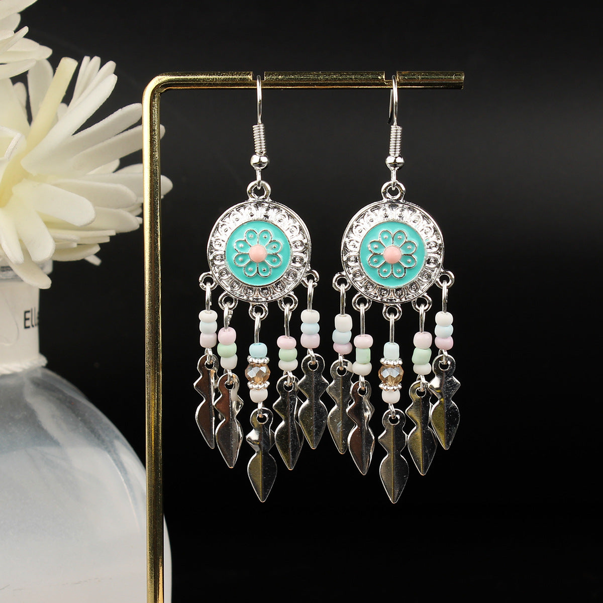 Tibetan Cross-Border Ethnic Silver Earrings | Colorful Feather Dangle Earrings with Turquoise