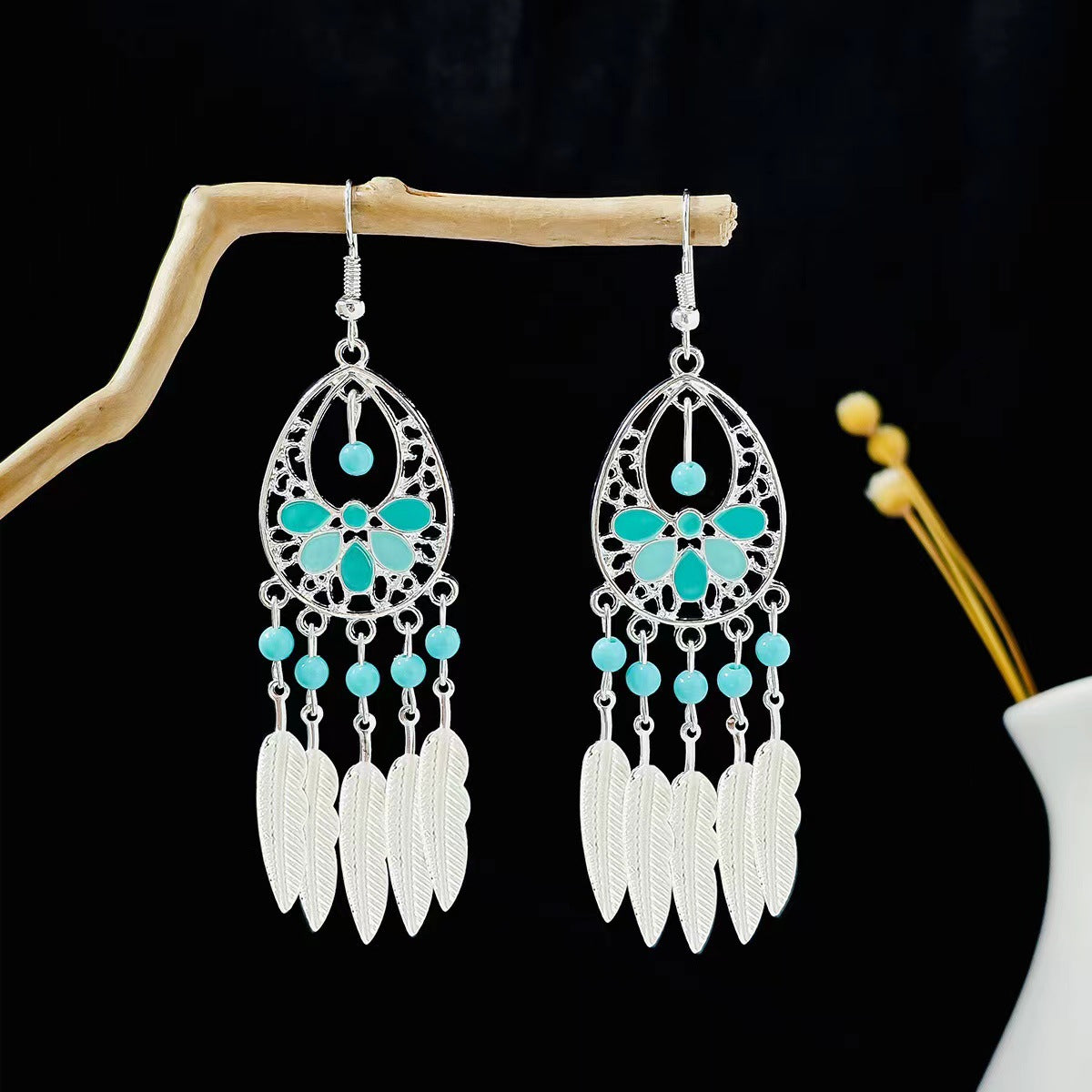 Tibetan openwork earrings Ethnic Silver Earrings | Colorful Feather Dangle Earrings with Turquoise | Long Fringe Bohemian Statement Jewelry