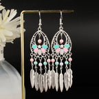 Tibetan openwork earrings Ethnic Silver Earrings | Colorful Feather Dangle Earrings with Turquoise | Long Fringe Bohemian Statement Jewelry