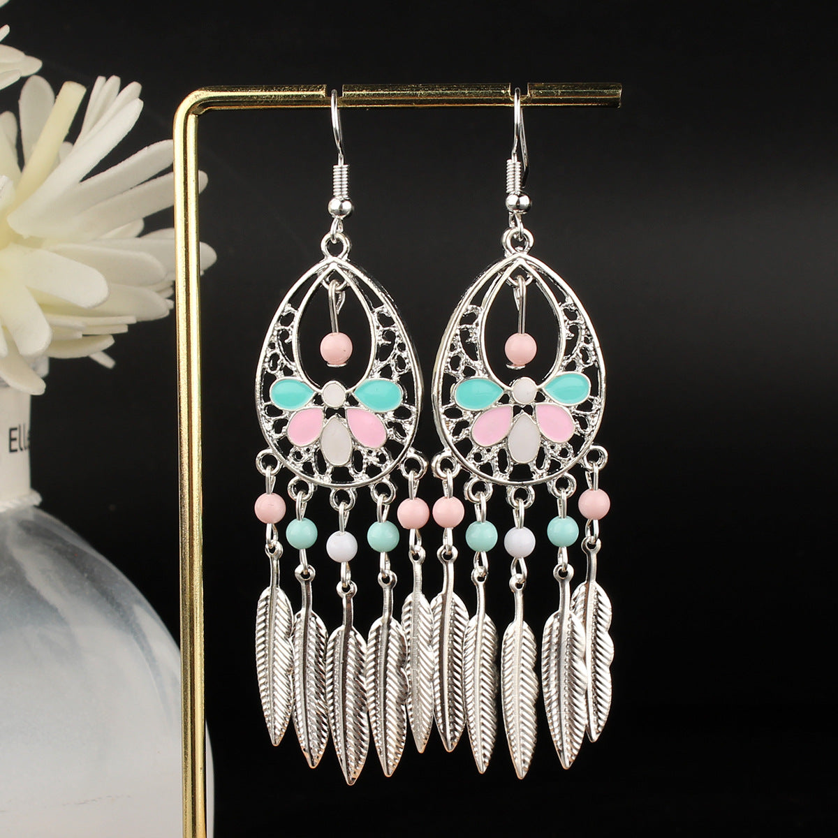 Tibetan openwork earrings Ethnic Silver Earrings | Colorful Feather Dangle Earrings with Turquoise | Long Fringe Bohemian Statement Jewelry