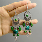 Tibetan openwork earrings Ethnic Silver Earrings | Colorful Feather Dangle Earrings with Turquoise | Long Fringe Bohemian Statement Jewelry