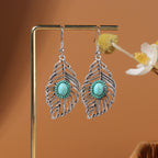 Tibetan openwork earrings Ethnic Silver Earrings | Colorful Feather Dangle Earrings with Turquoise | Long Fringe Bohemian Statement Jewelry