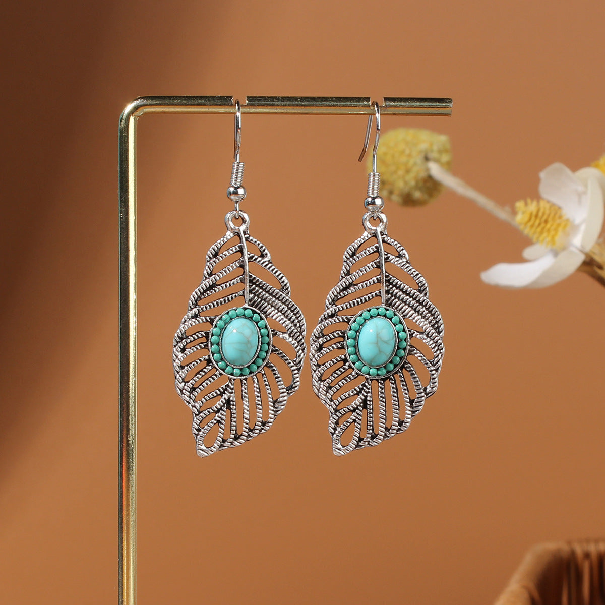 Tibetan openwork earrings Ethnic Silver Earrings | Colorful Feather Dangle Earrings with Turquoise | Long Fringe Bohemian Statement Jewelry