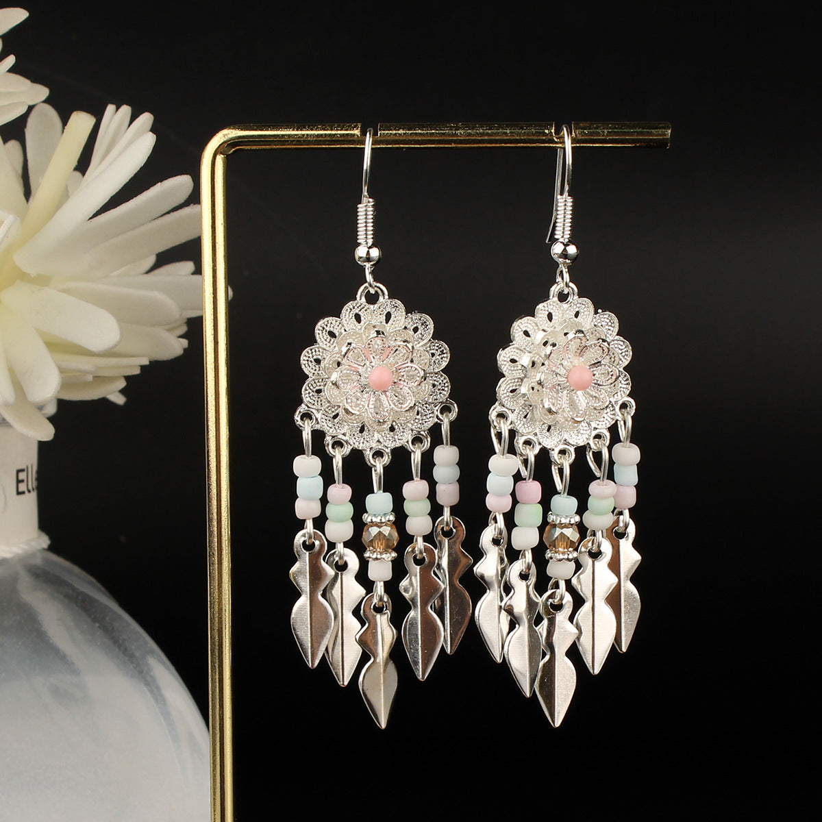 Tibetan Cross-Border Ethnic Silver Earrings | Colorful Feather Dangle Earrings with Turquoise