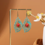 Tibetan openwork earrings Ethnic Silver Earrings | Colorful Feather Dangle Earrings with Turquoise | Long Fringe Bohemian Statement Jewelry