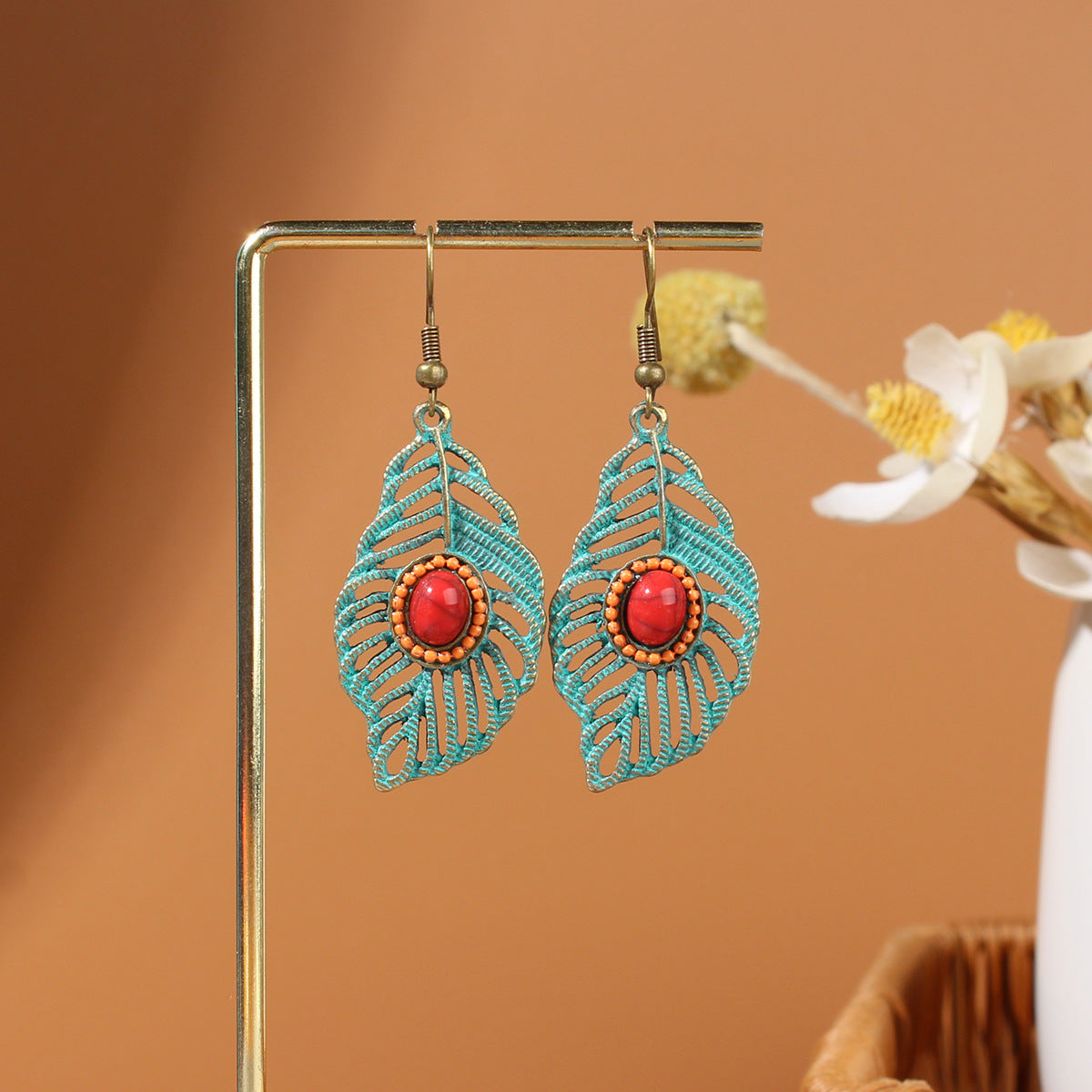 Tibetan openwork earrings Ethnic Silver Earrings | Colorful Feather Dangle Earrings with Turquoise | Long Fringe Bohemian Statement Jewelry
