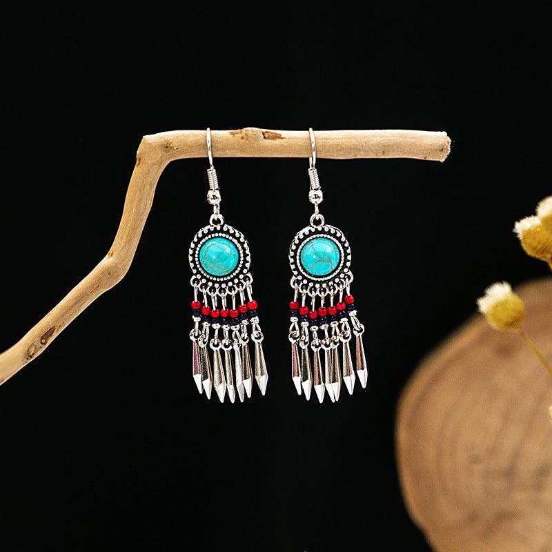 Tibetan Cross-Border Ethnic Silver Earrings | Colorful Feather Dangle Earrings with Turquoise