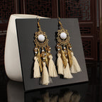 Tibetan openwork earrings Ethnic Silver Earrings | Colorful Feather Dangle Earrings with Turquoise | Long Fringe Bohemian Statement Jewelry
