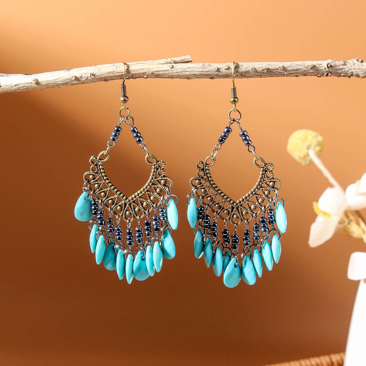 Tibetan Colorful Feather Dangle Earrings with Turquoise | Long Fringe Bohemian Statement Jewelry |