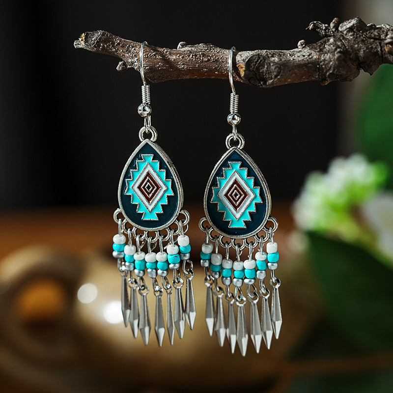 Tibetan Cross-Border Ethnic Silver Earrings | Colorful Feather Dangle Earrings with Turquoise | Long Fringe Bohemian Statement Jewelry