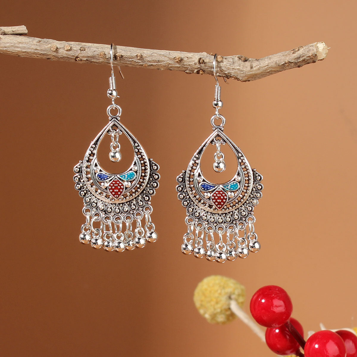 Tibetan openwork earrings Ethnic Silver Earrings | Colorful Feather Dangle Earrings with Turquoise | Long Fringe Bohemian Statement Jewelry