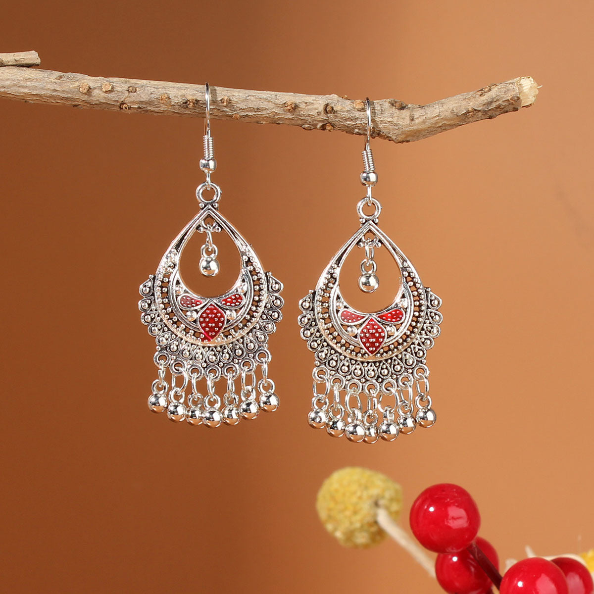 Tibetan openwork earrings Ethnic Silver Earrings | Colorful Feather Dangle Earrings with Turquoise | Long Fringe Bohemian Statement Jewelry