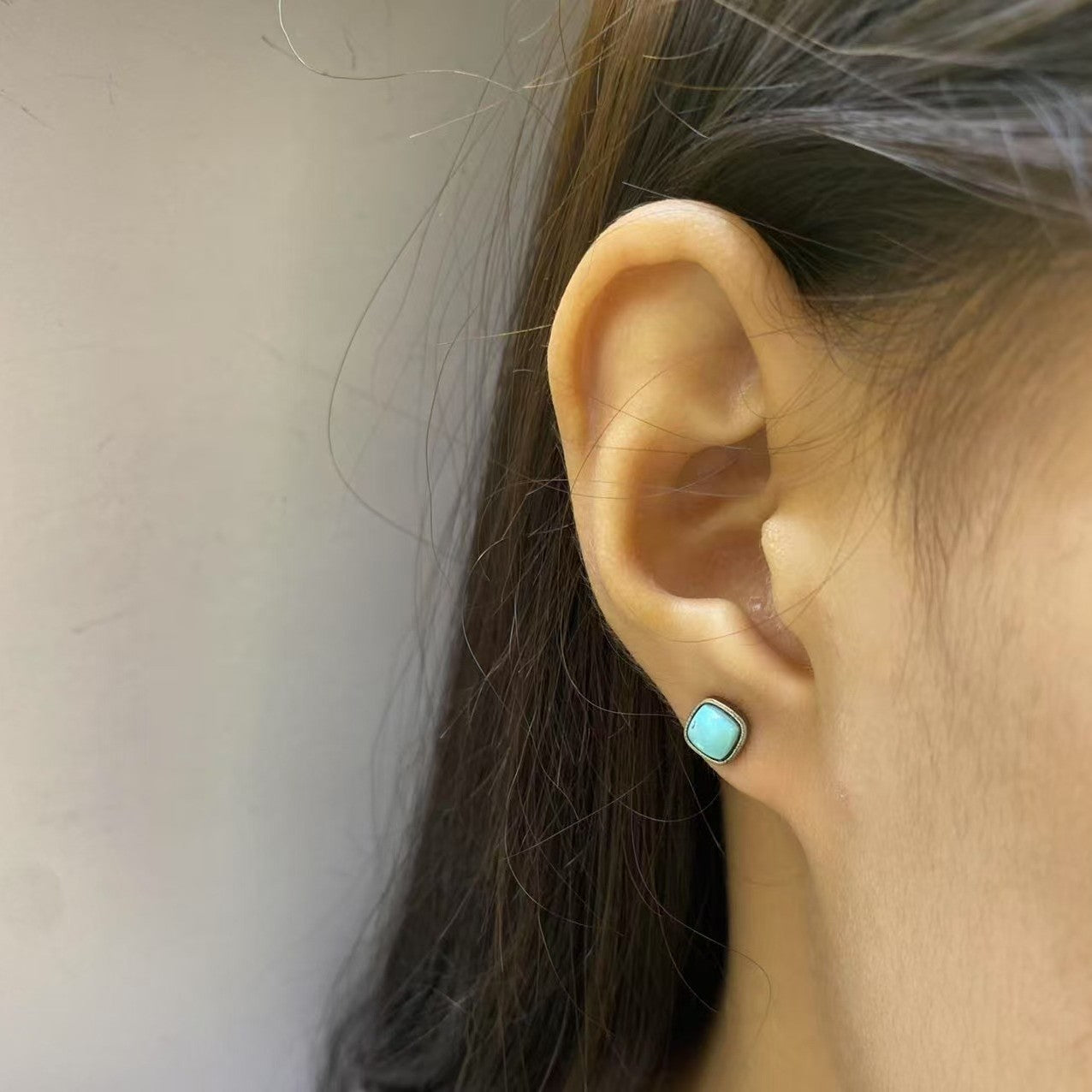 Tibetan Raw Turquoise Cube Stud Earrings Precision-Set in S925 Sterling Silver | Minimalist Daily Wear