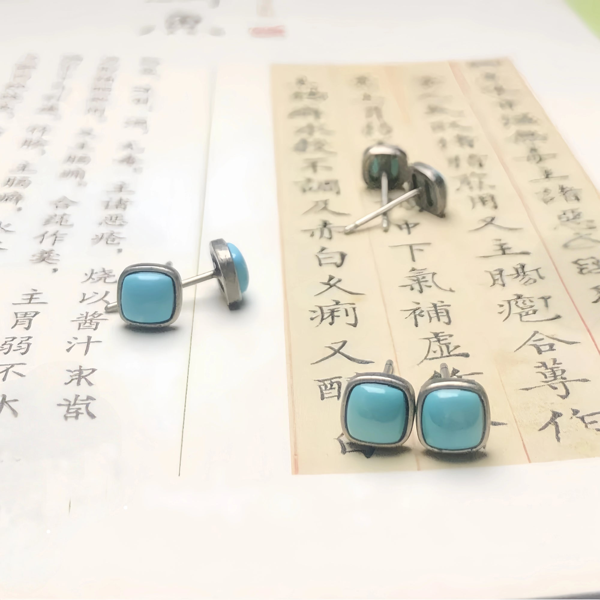 Tibetan Raw Turquoise Cube Stud Earrings Precision-Set in S925 Sterling Silver | Minimalist Daily Wear