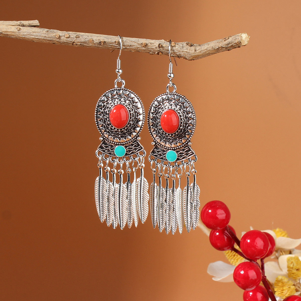 Tibetan Cross-Border Ethnic Silver Earrings | Colorful Feather Dangle Earrings with Turquoise | Long Fringe Bohemian Statement Jewelry