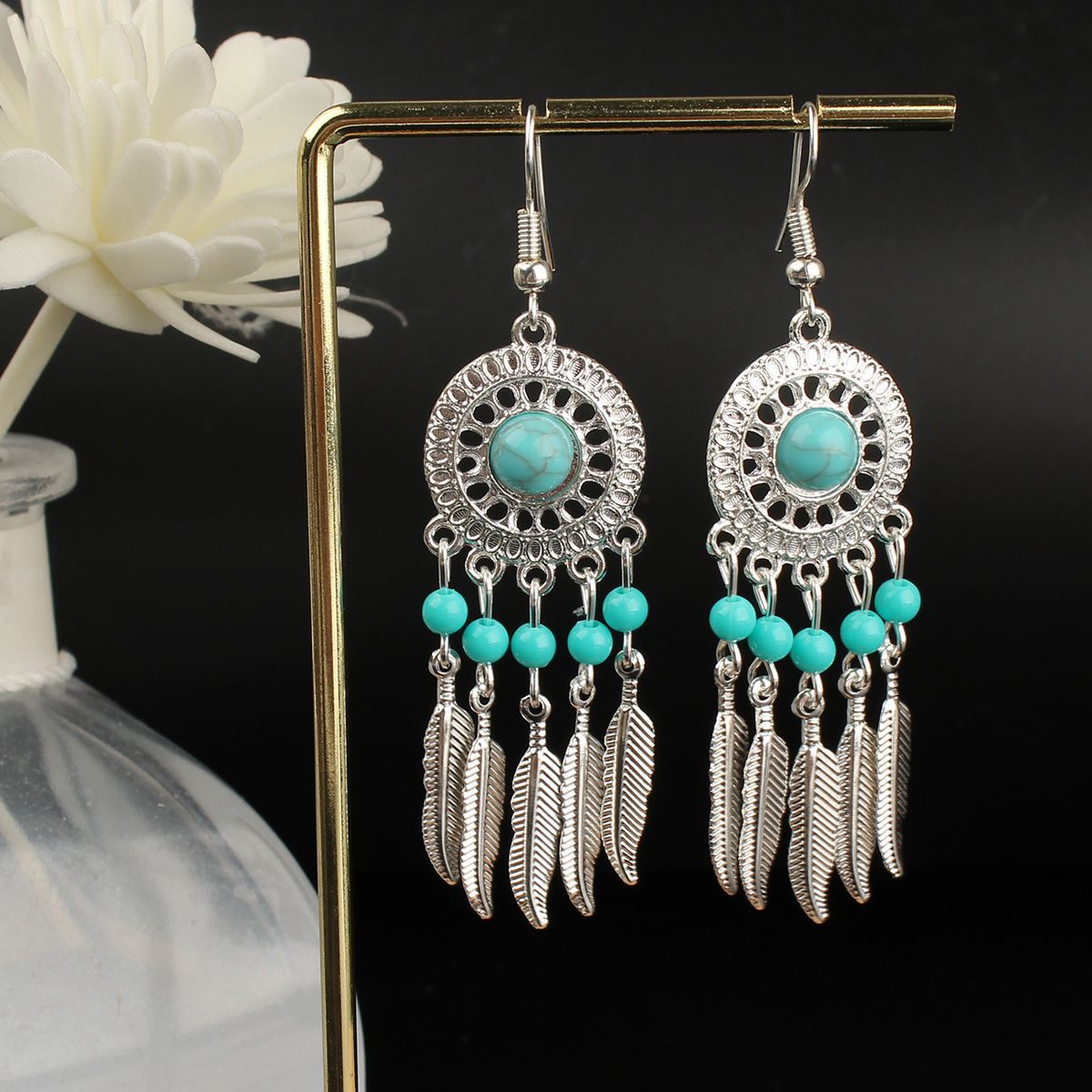 Tibetan Cross-Border Ethnic Silver Earrings | Colorful Feather Dangle Earrings with Turquoise