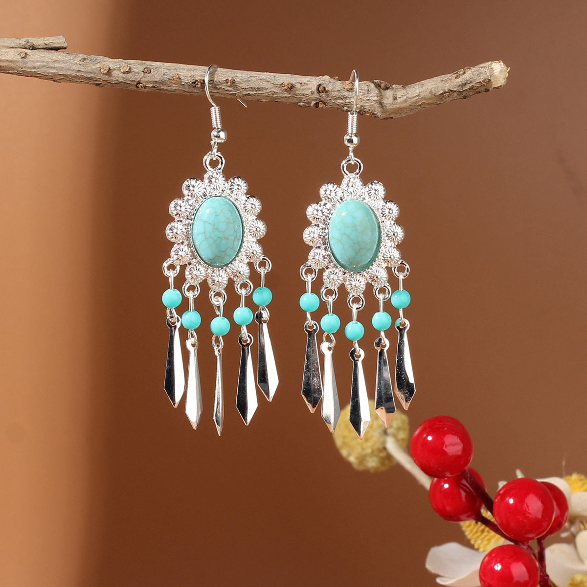 Tibetan Cross-Border Ethnic Silver Earrings | Colorful Feather Dangle Earrings with Turquoise | Long Fringe Bohemian Statement Jewelry