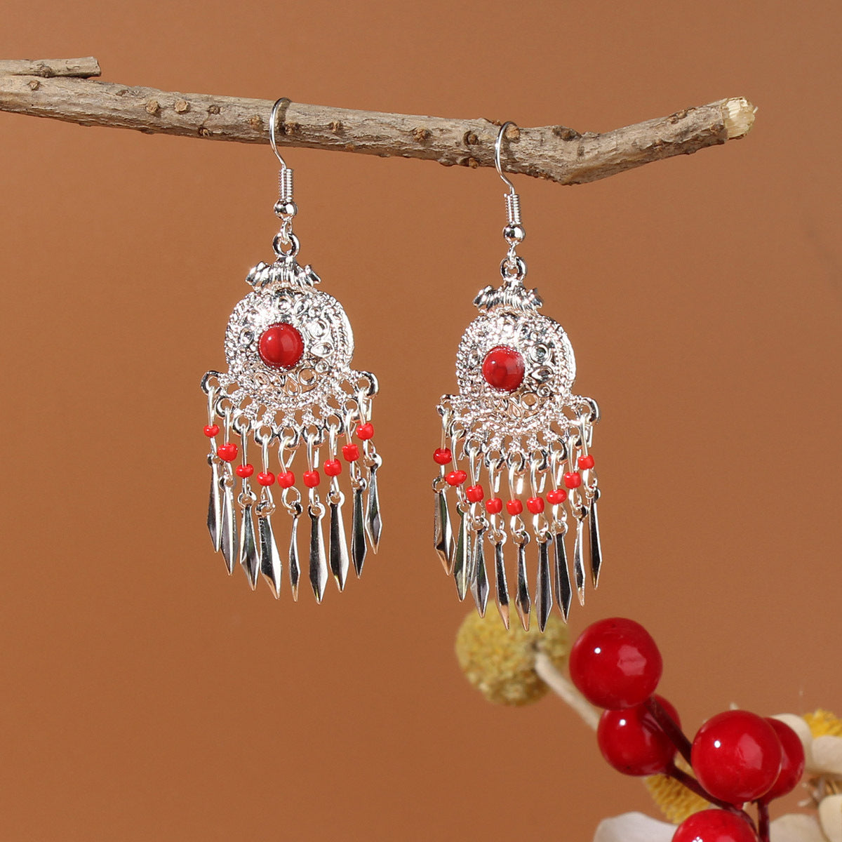 Tibetan Cross-Border Ethnic Silver Earrings | Colorful Feather Dangle Earrings with Turquoise