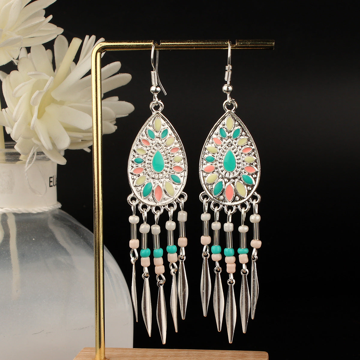 Tibetan Cross-Border Ethnic Silver Earrings | Colorful Feather Dangle Earrings with Turquoise | Long Fringe Bohemian Statement Jewelry