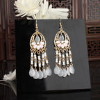 Tibetan openwork earrings Ethnic Silver Earrings | Colorful Feather Dangle Earrings with Turquoise | Long Fringe Bohemian Statement Jewelry