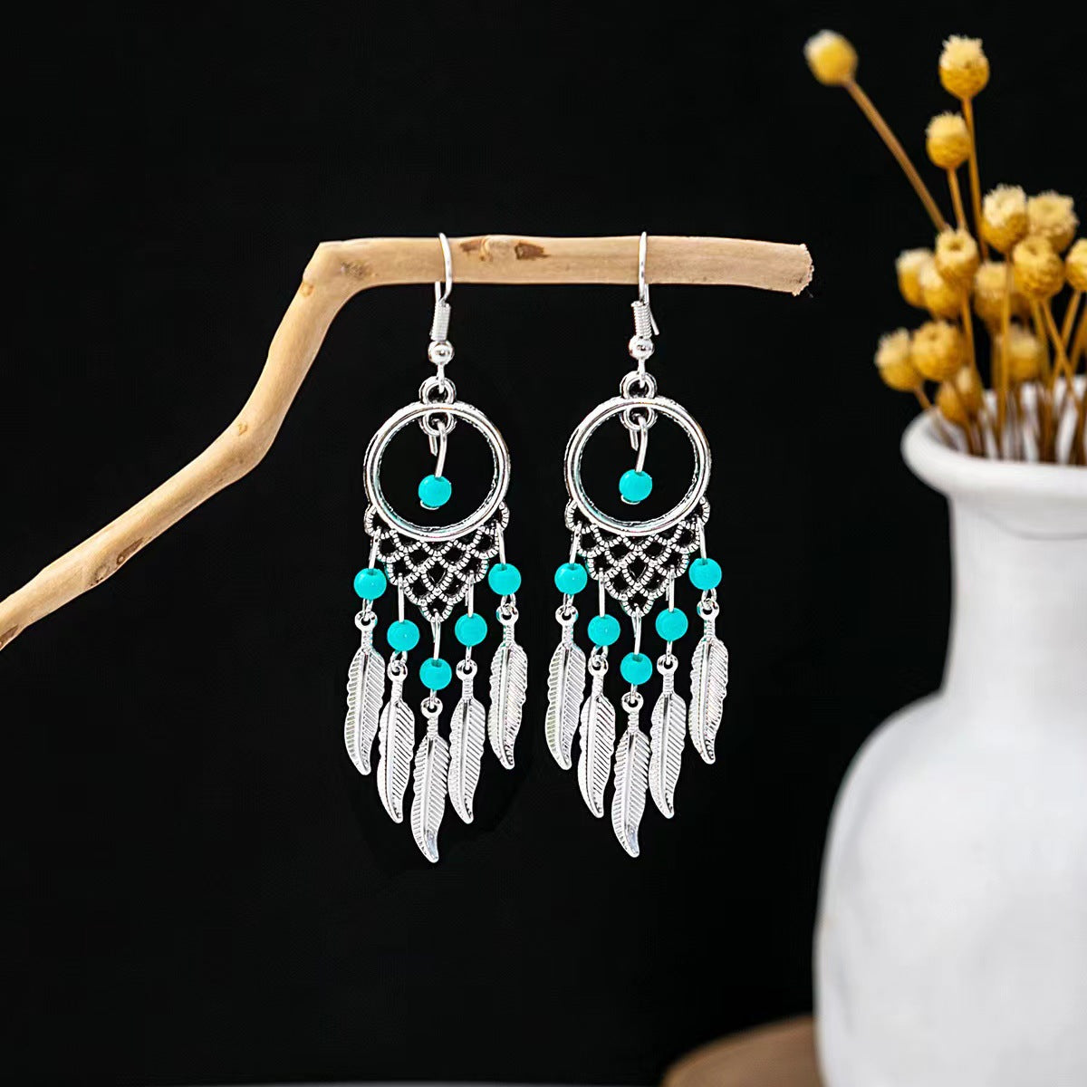 Tibetan openwork earrings Ethnic Silver Earrings | Colorful Feather Dangle Earrings with Turquoise | Long Fringe Bohemian Statement Jewelry