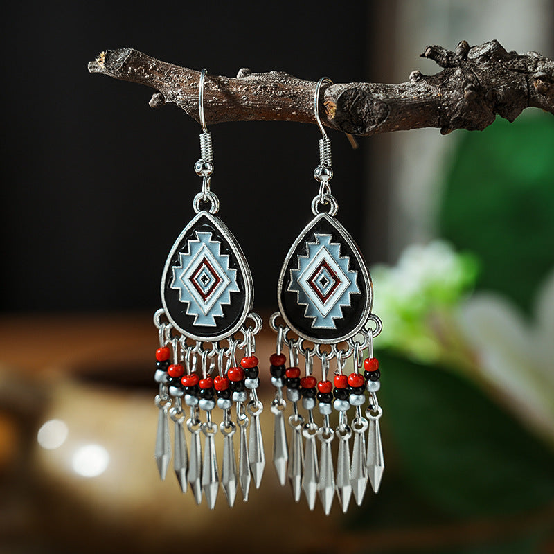Tibetan Cross-Border Ethnic Silver Earrings | Colorful Feather Dangle Earrings with Turquoise | Long Fringe Bohemian Statement Jewelry