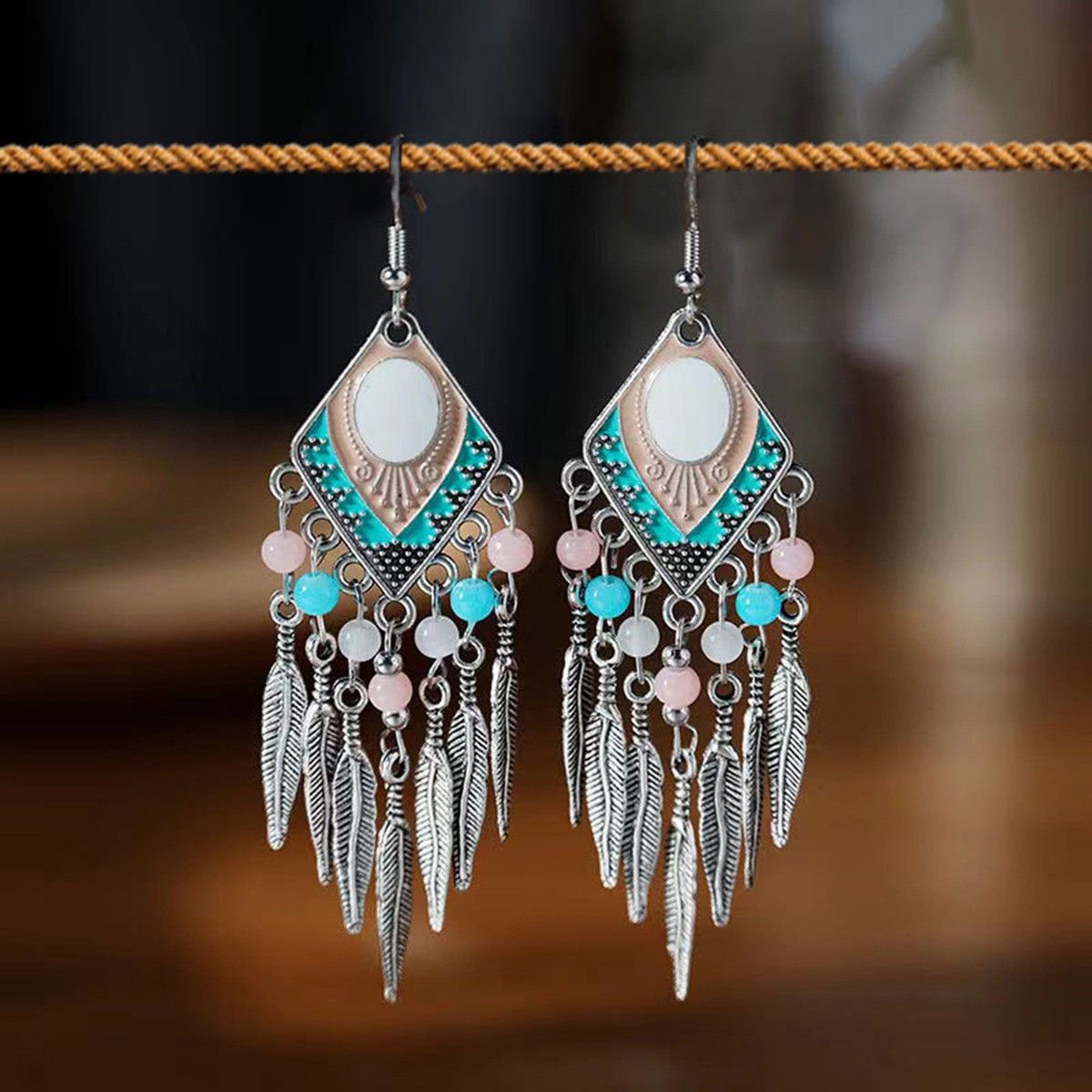 Tibetan Colorful Feather Dangle Earrings with Turquoise | Long Fringe Bohemian Statement Jewelry |