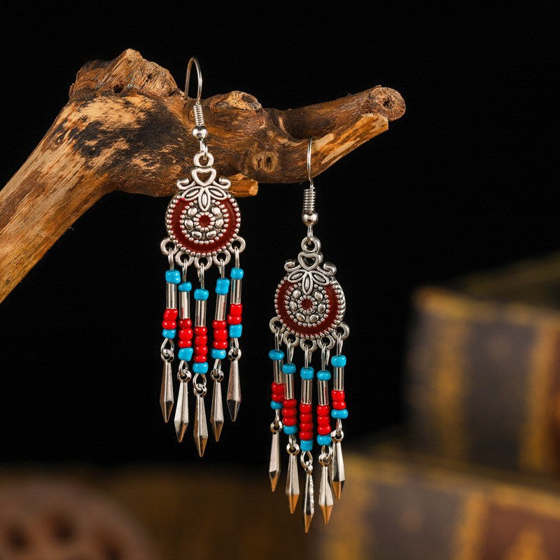 Tibetan Cross-Border Ethnic Silver Earrings | Colorful Feather Dangle Earrings with Turquoise