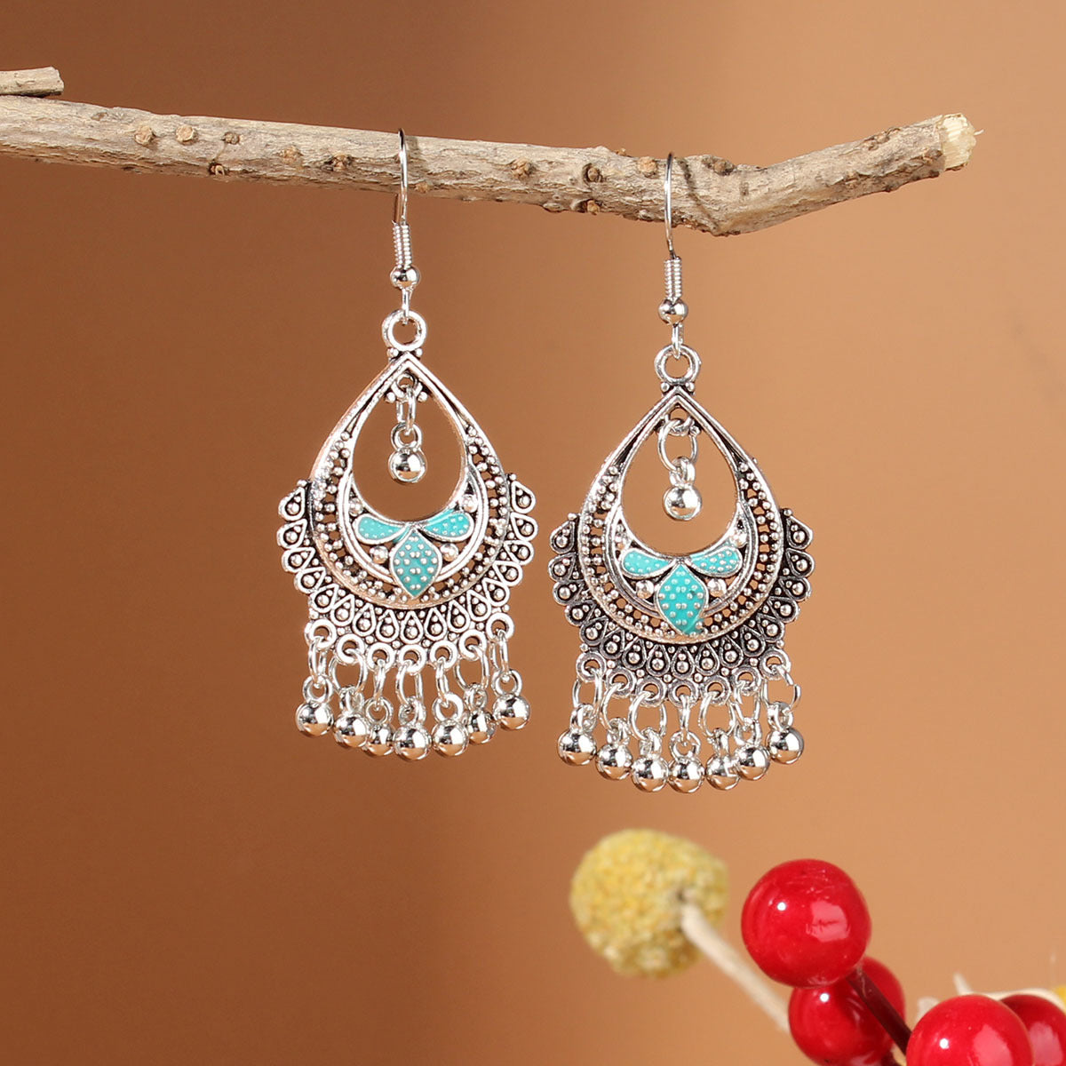 Tibetan openwork earrings Ethnic Silver Earrings | Colorful Feather Dangle Earrings with Turquoise | Long Fringe Bohemian Statement Jewelry